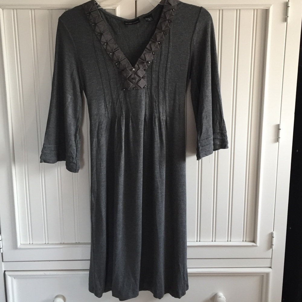 Grey Embellished V-neck Flare Sleeve Dress